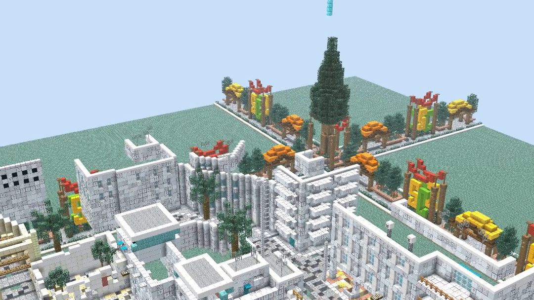 Ciudad de edificios blancos con un gran árbol en el centro en el Creativo de SuperCraft