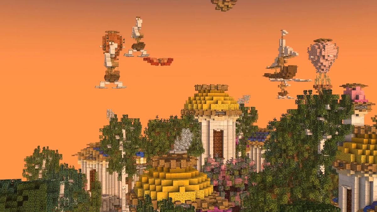 Templos, árboles y globos al atardecer en una construcción de jugadores del Creativo de SuperCraft