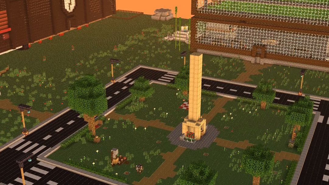 Isla de SkyBlock con calles, farolas, un reloj y una torre, construida por jugadores de SuperCraft